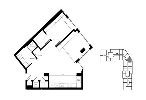 Floor plan for 1 bed, 1 bath, 950 sqft